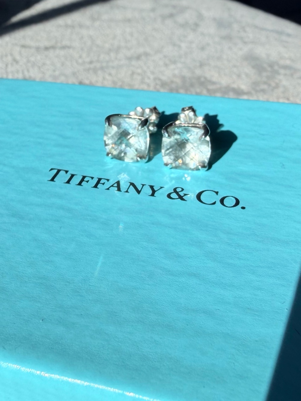 Tiffany & Co. Green Quartz Cushion Cut Stud Earrings in Silver